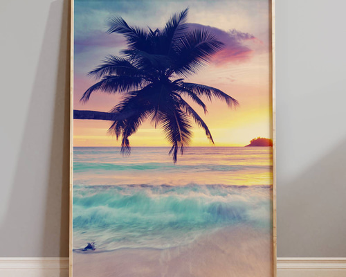 アートポスター シンプルモダン トロピカルビーチ パームツリー 夕日