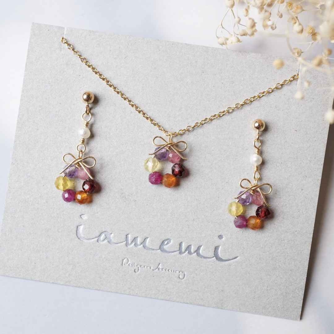 【お得セット】「カーネーションの花結」ピアス イヤリング ネックレス 淡水パール リボン 天然石 誕生石 華奢 母の日