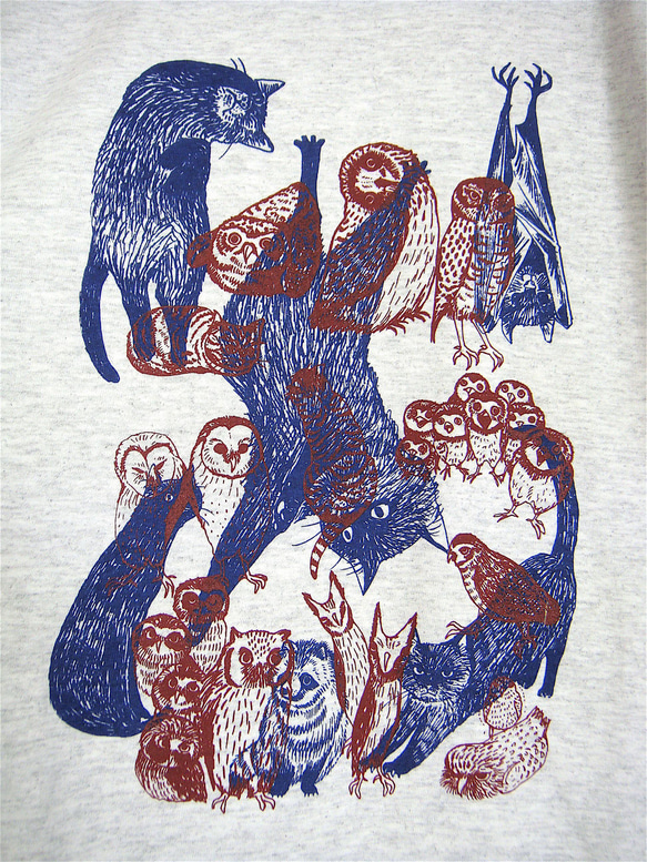 【シルク印刷】リメイクTシャツチュニック・とりねこ2版：女子フリーサイズ・しもふりグレー 2枚目の画像