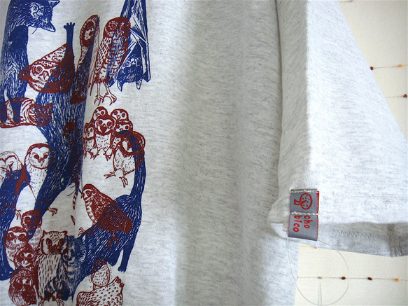 【シルク印刷】リメイクTシャツチュニック・とりねこ2版：女子フリーサイズ・しもふりグレー 4枚目の画像