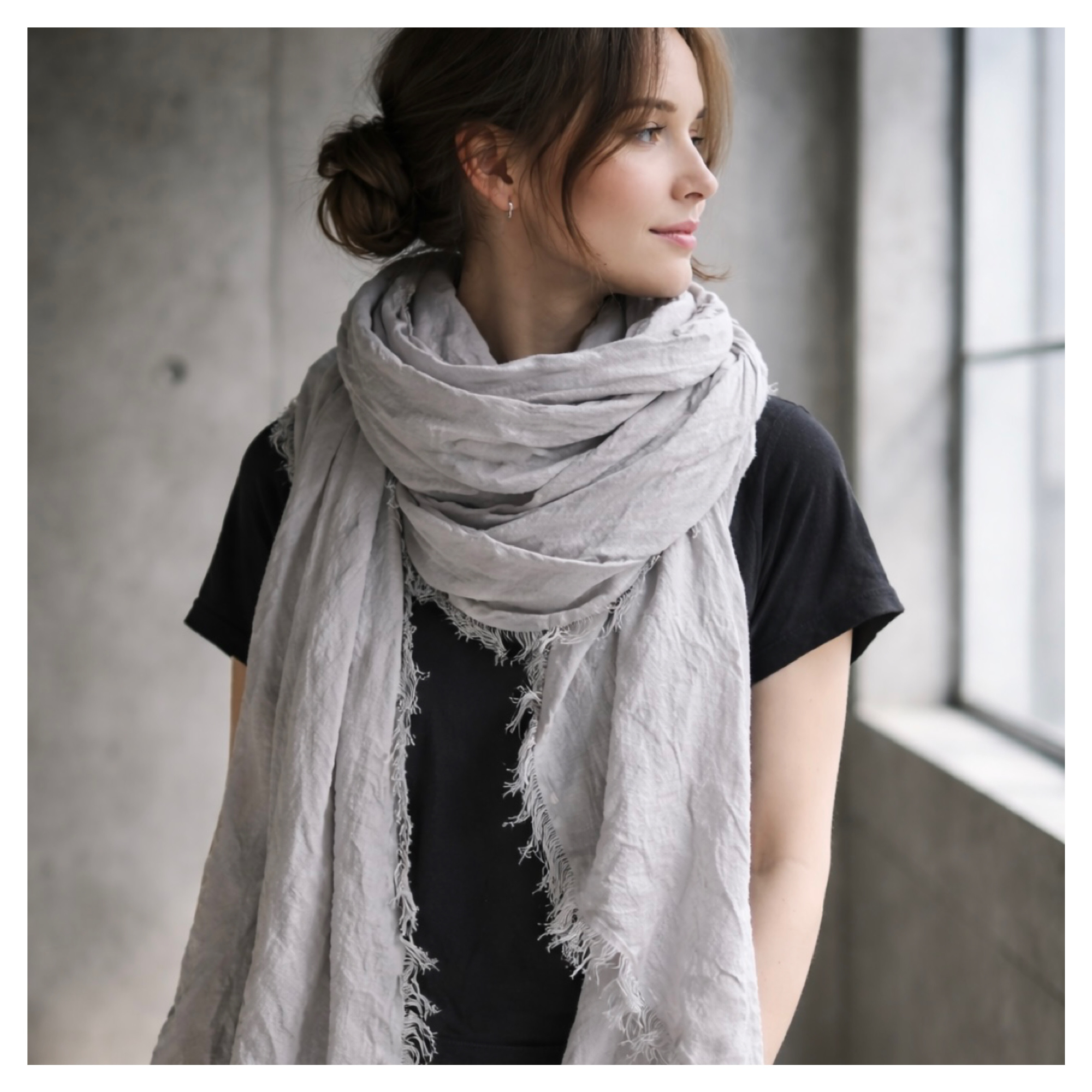 【200cm】リネンの経年変化を楽しもう／ベルギーリネンストール／シルバーグレー／四方切りっぱなしフリンジストール