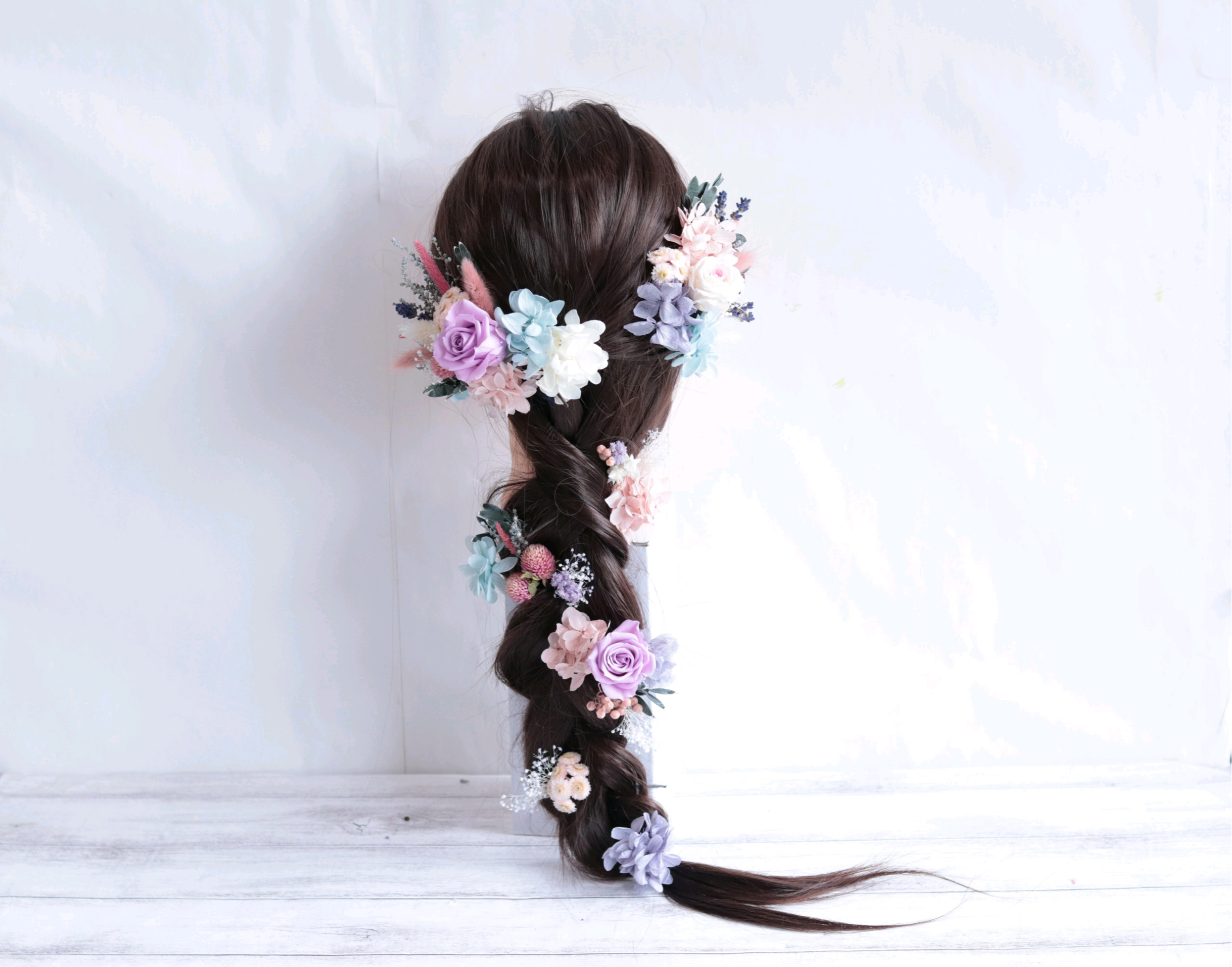 バラとリーフのナチュラルパステルカラーのヘッドドレス＊プリザーブドフラワー&ドライフラワー