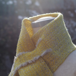 手紡ぎ手織りショートマフラー【ホームスパン・黄】受注生産　防寒♪♪ 2枚目の画像
