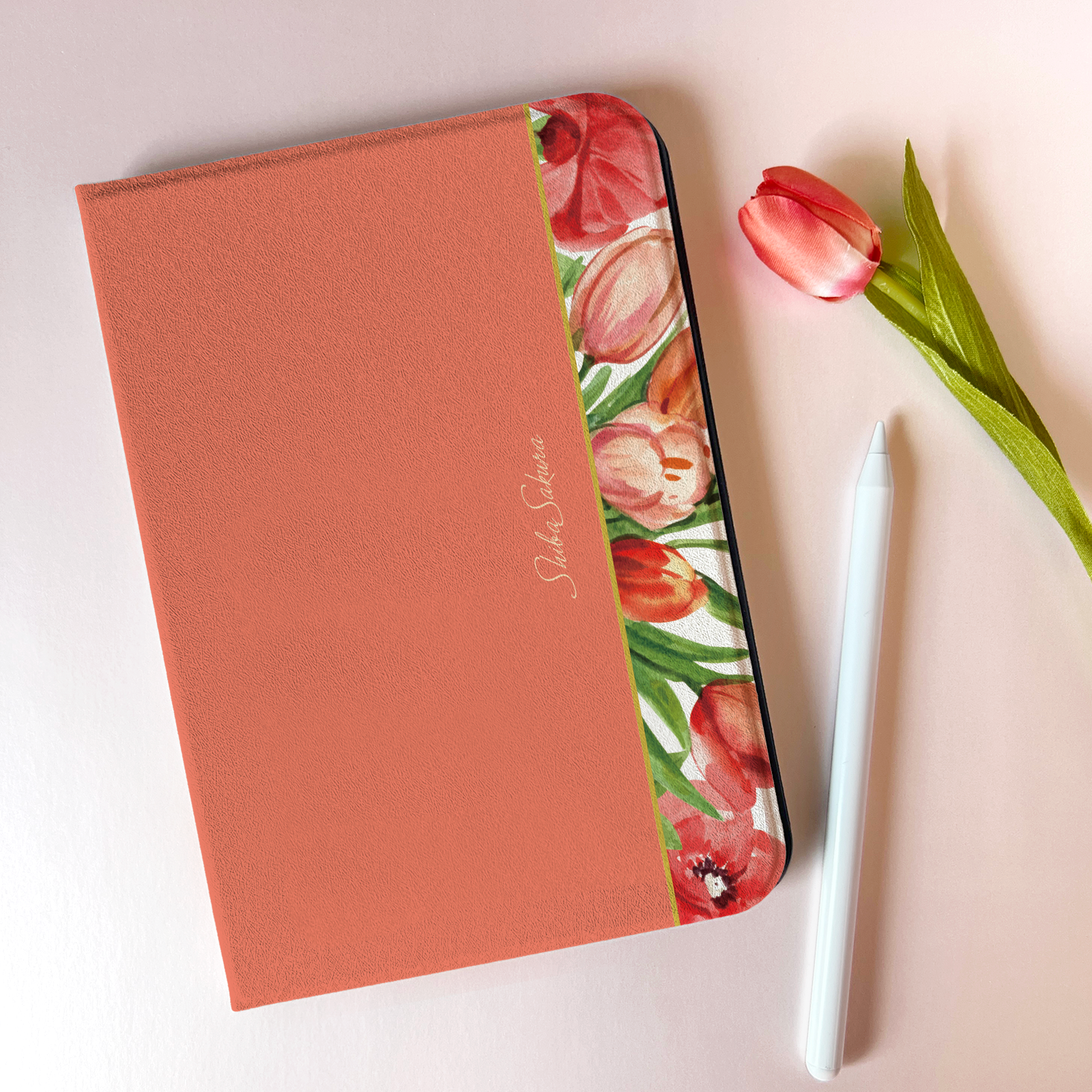 チューリップのiPadケース（コーラルピンク）  チューリップ 春 花 カバー ipadケース タブレットケース
