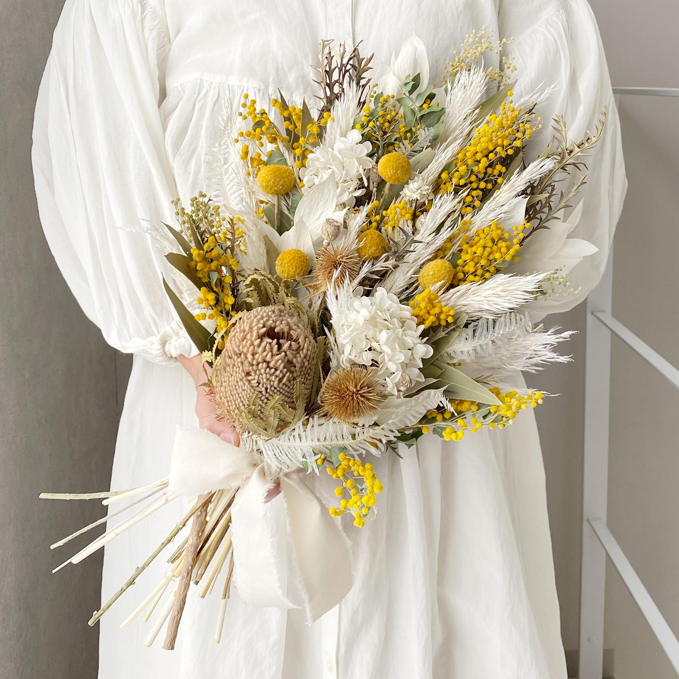 ナチュラルブーケHL ミモザウィロユーカリ  ウェディング　ドライフラワー　プリザーブドフラワー