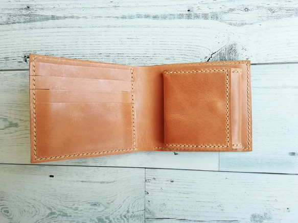 ２つ折り財布（ナチュラルブラウン） ボックス型小銭入れ 革小物 レザークラフト レザーウォレット 3枚目の画像