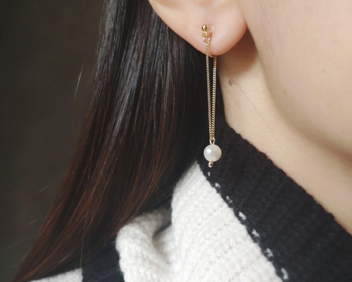 一粒高級淡水パール ゆらゆらチェーン*ピアス/イヤリング