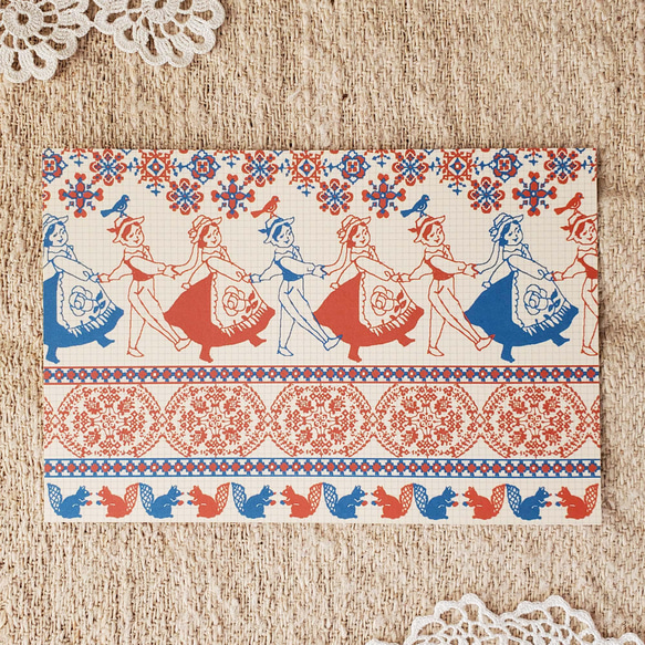 ポストカード「お裁縫」 3枚入　トリコロールな刺繍の図案 1枚目の画像