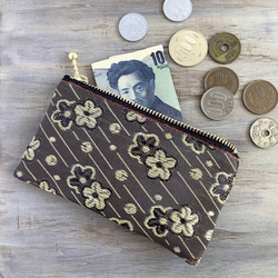 畳縁　硬幣錢包　名片夾　日式　花的　李子　棕色的　金的 第2張的照片