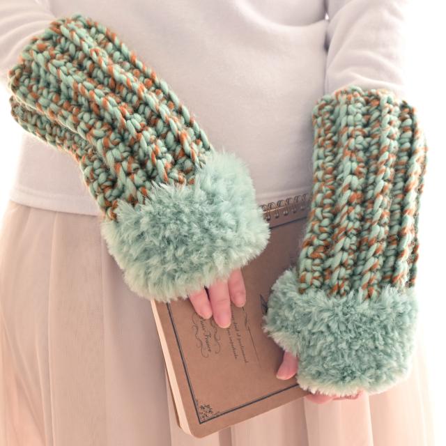 もちもち マーブル チョコミント × もふもふファー ハンドウォーマー