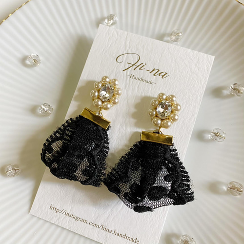 パールビジュー刺繍×ドットレースリボンピアス/イヤリング イヤリング 
