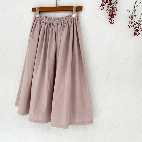 丈変更可 やわらかハーフリネンのミモレ丈ギャザースカート ドーンピンク 桜色 nunono-03 5枚目の画像