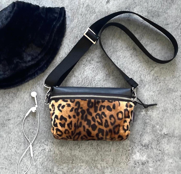 秋冬レオパード柄エコファー×エコレザーミニショルダーバッグ｜ヒョウ