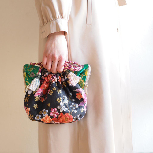 台湾花柄猫型巾着ショルダーバッグ(一点作品/送料無料) ショルダー  