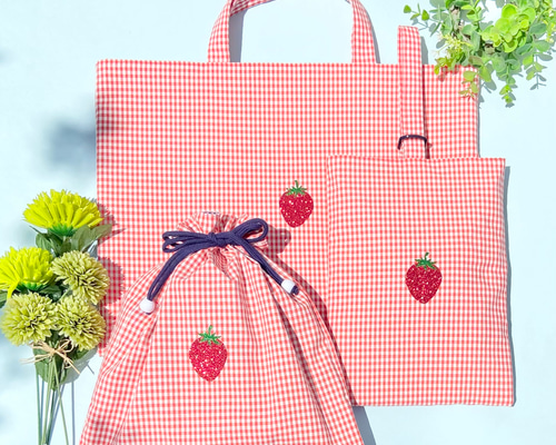 ハンドメイド オーダー 入園 入学 いちご いちご】入学・入園グッズ（レッスンバッグ 、巾着袋、シューズケース