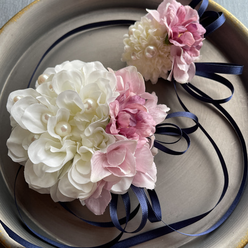 toytoy759 親子コサージュ 大小2点セット【白ピンク紺】結婚式 卒業式  