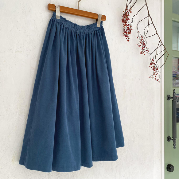 丈/サイズオーダー可 遠州産やわらかコーデュロイの ギャザースカート オリエンタルブルー 大きいサイズ 小さいサイズ 7枚目の画像