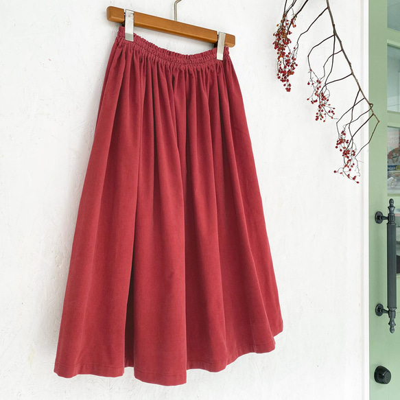 丈オーダー可 遠州産やわらかコーデュロイのギャザースカート カーマイン 大きい 小さいサイズ nunono-13 4枚目の画像
