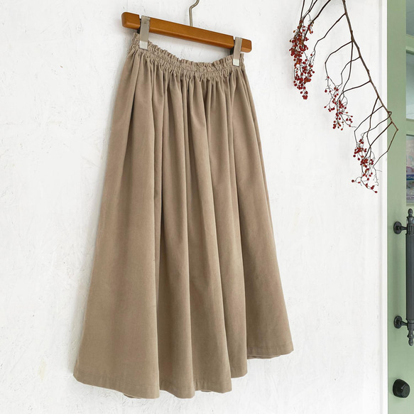 丈オーダー可 遠州産やわらかコーデュロイのギャザースカート グレイッシュベージュ 大きい小さいサイズ nunono-13 6枚目の画像