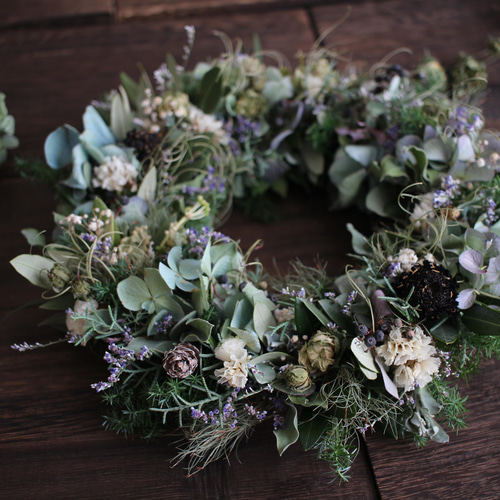 オリーブと水色紫陽花のふんわり春待ちリース✳︎ドライフラワー◎25  