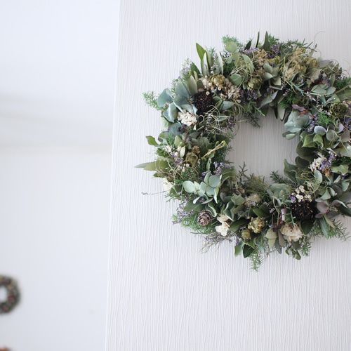 オリーブと水色紫陽花のふんわり春待ちリース✳︎ドライフラワー◎25  