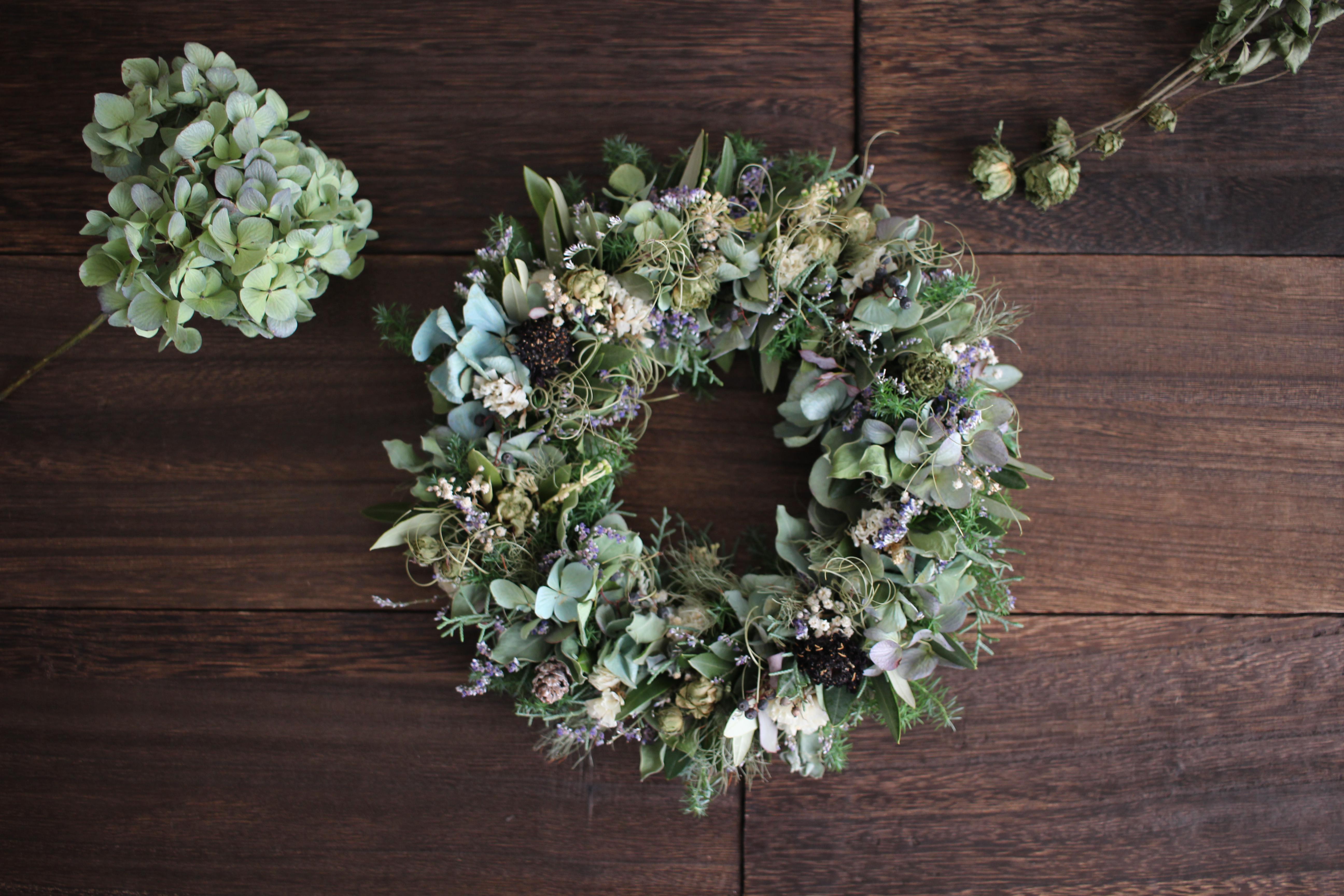 オリーブと水色紫陽花のグリーンリース✳︎ドライフラワーwreathe◎24