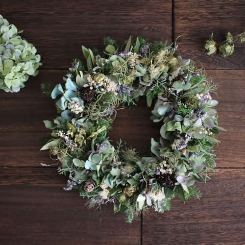 オリーブと水色紫陽花のふんわり春待ちリース✳︎ドライフラワー◎25  