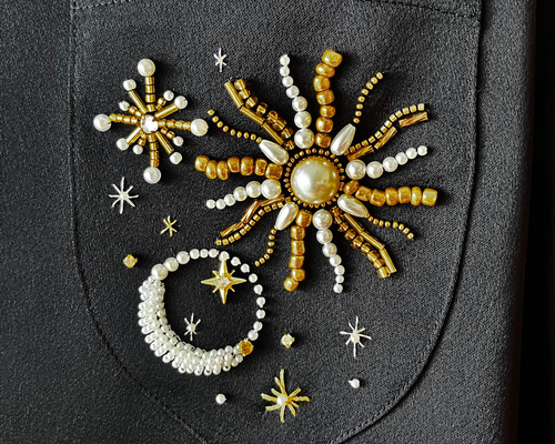 彩りビーズ刺繍ネイビーカラースパンコールドレス