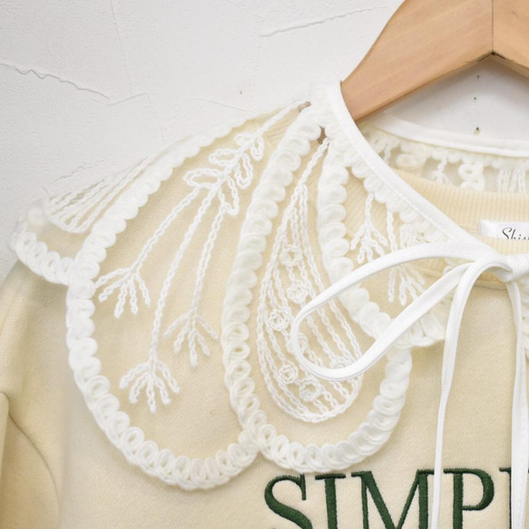 送料無料）柔らかニット糸の植物レース刺繍つけ襟（白）【No.734