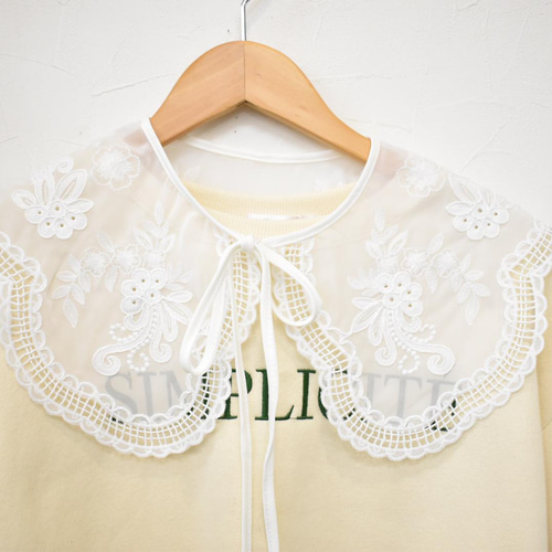 送料無料）スカラップ×フラワーデザイン刺繍つけ襟（白）【No.747