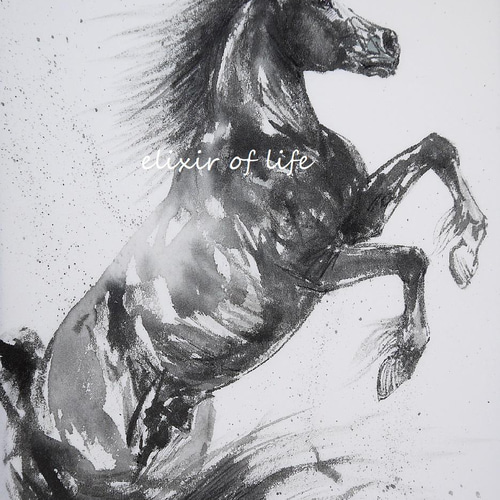 立ち上がった馬2022（墨絵、厚い和紙、26cm×36cm） 絵画