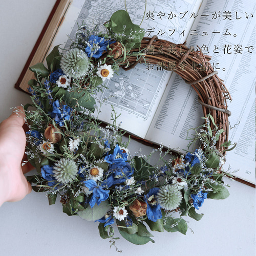Natural＊デルフィニウムとホワイトリース＊ドライフラワーリース