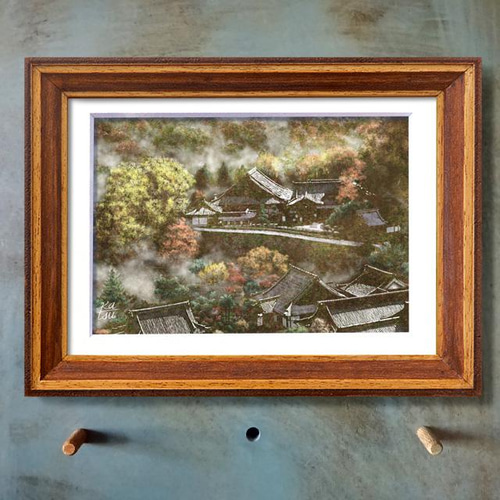 絵画山 額縁特大奈良楠木vintage インテリア年代物 昭和82×62日本絵画 雨上がりの伽藍」 長谷寺 奈良 初瀬 舞台 イラスト イラスト kura