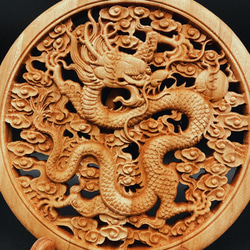 盤竜雲海2 26.5cm（円縁 五爪龍) 参次元彫刻『雅』 透かし彫 楠彫刻