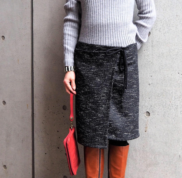 暖か便利グッツ　ツイード　イタリア製ビンテージウールフリーサイズ　巻きスカート 3枚目の画像