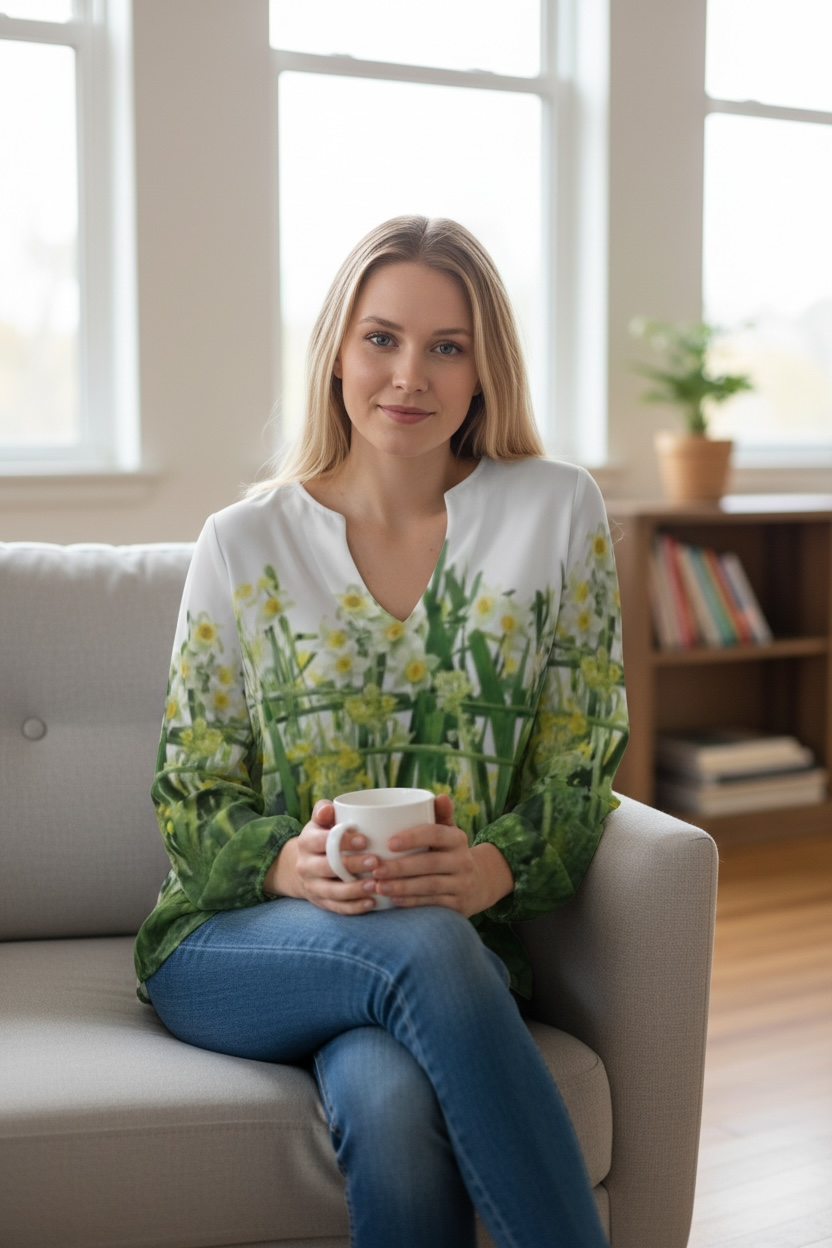 XXS～7XL　水彩フラワーブラウス　水仙と菜の花