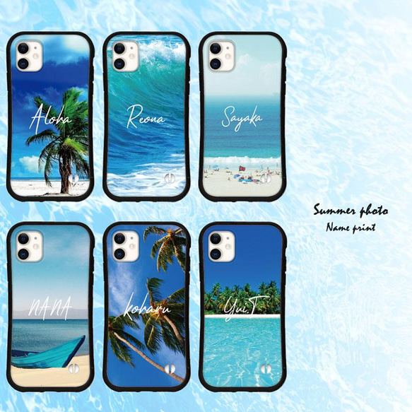 名入れ スマホケース iPhoneケース 15 14 13 pro mini グリップ カバー 夏 海 フォト 送料無料 2枚目の画像