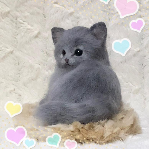羊毛フェルト /ロシアンブルー 羊毛フェルト ネコ うちの子 オーダー専門◇愛猫の宝箱◇香箱座り お