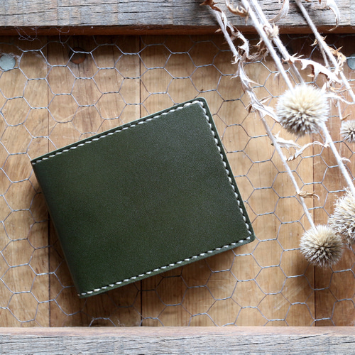 受注生産品】二つ折り財布 〜栃木アニリン緑×栃木ヌメ〜 二