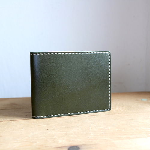 受注生産品】二つ折り財布 〜栃木アニリン緑×栃木ヌメ〜 二つ折り財布