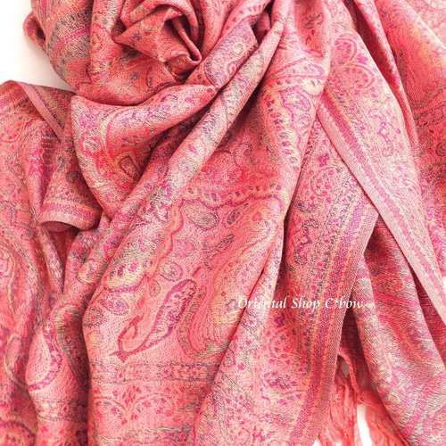 ペイズリー柄☆パシュミナストール｜コーラルピンク ストール