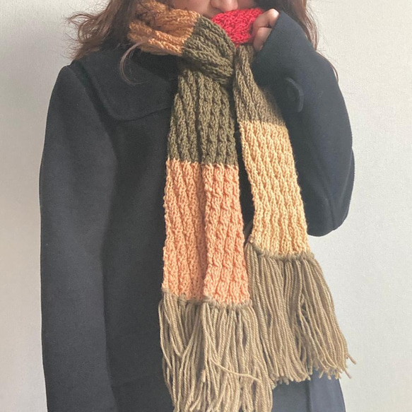 草木染めマフラー wool 多色 フリンジ 手編み 手染め ロング