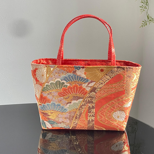帯リメイクバッグ A4サイズ 佐賀錦 丸文に季節の花々とオシドリ