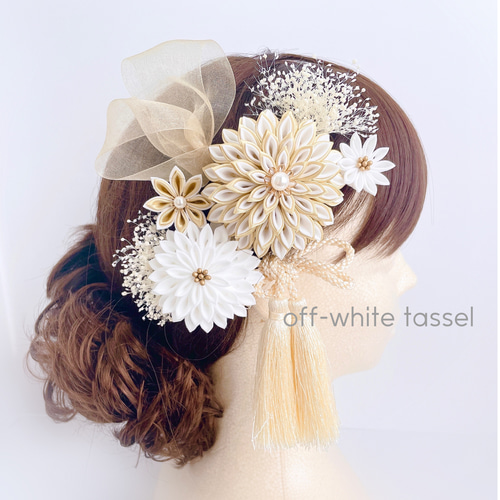 つまみ細工 髪飾り＊gold &White＊成人式 卒業式 結婚式 袴 七五三