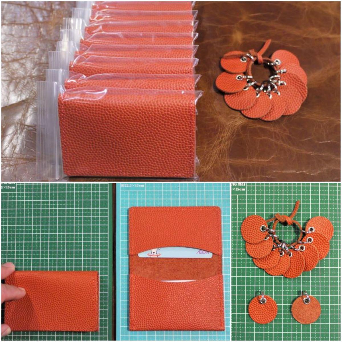 マチなしの名刺入れと丸いキーホルダー（バスケットボールレザー）10個セット 卒部卒団卒業のプレゼントにいかがですか