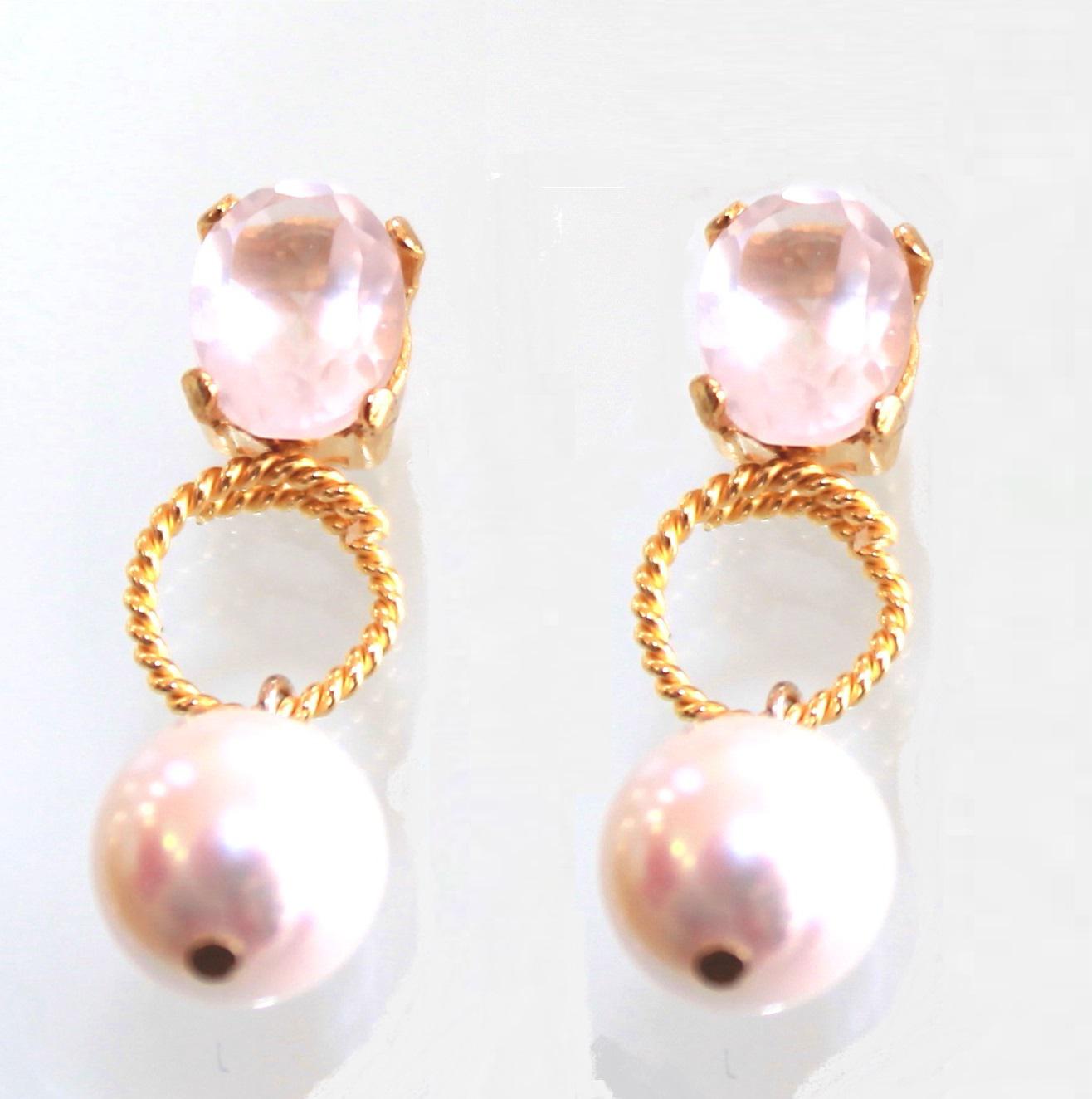 ローズクォーツ　＆ あこや真珠　Earrings