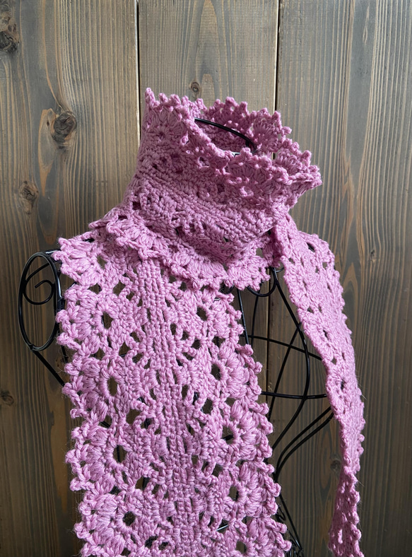 かぎ針編みウールマフラー(ピンク) 5枚目の画像