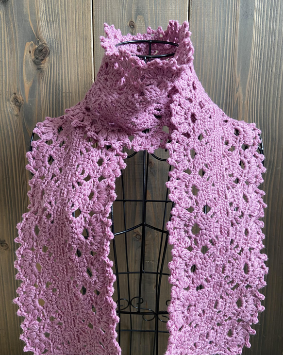 かぎ針編みウールマフラー(ピンク) 4枚目の画像