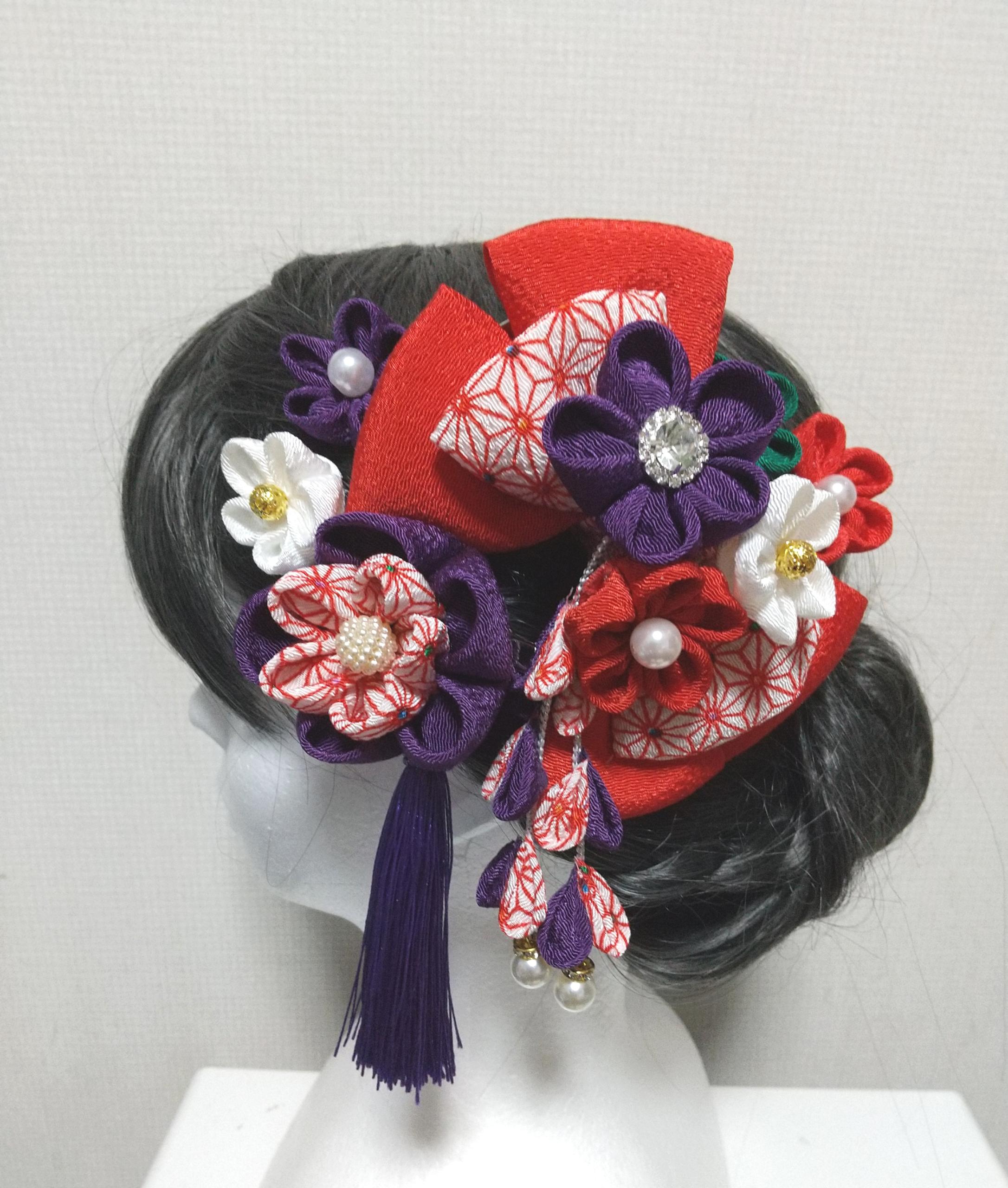 髪飾り 髪飾り赤 髪飾り紫 リボン赤 リボン紫 ハイカラさんリボン 成人式 卒業式 七五三 つまみ細工 振袖 袴