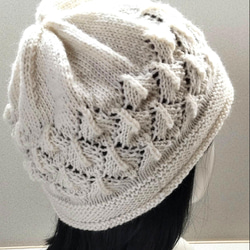 ウール100％　透かし模様　手編み帽子 6枚目の画像